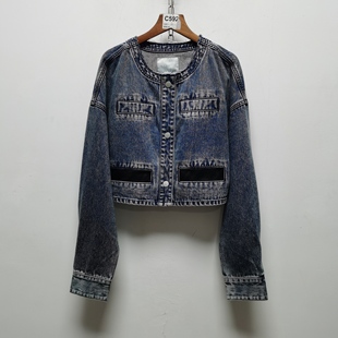 高感拼接牛仔短外套长袖 设计师款 圆领上衣C564 衣2026年春装 芮版