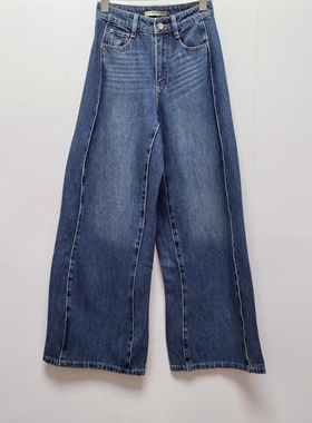 艾去标诺100棉设计感分割线高腰阔腿宽松牛仔裤春秋百搭长裤3204