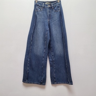 艾去标诺100棉设计感分割线高腰阔腿宽松牛仔裤春秋百搭长裤3204