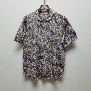 P197 童趣复古休闲通勤娃娃衫 品牌无标纯棉印花宽松翻领短袖 衬衫