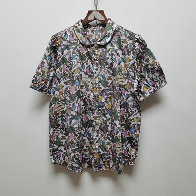 品牌无标纯棉印花宽松翻领短袖衬衫童趣复古休闲通勤娃娃衫P197