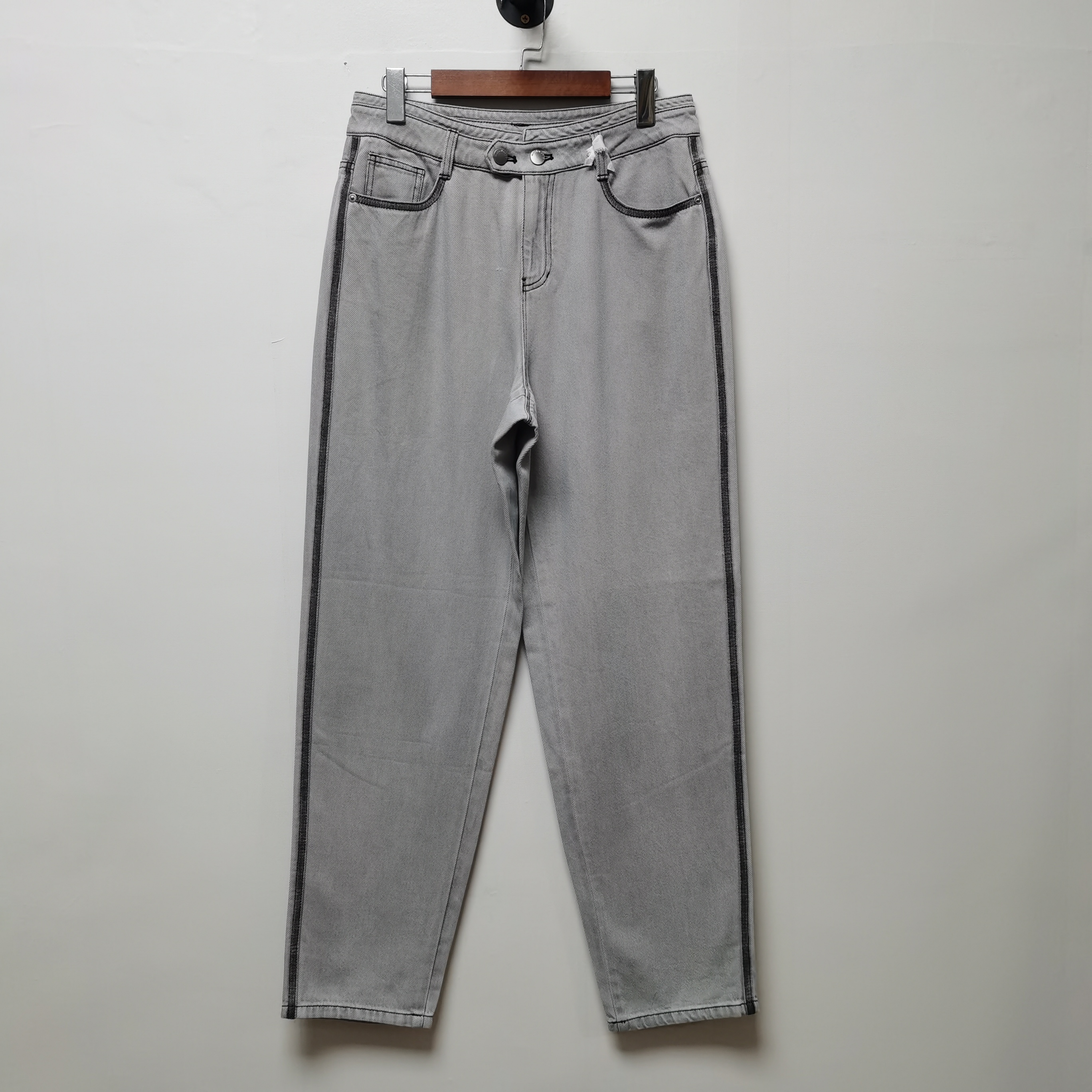 mit去标沵宽松秋装新显瘦泫雅风休闲拖地裤复古撞色牛仔长裤2272