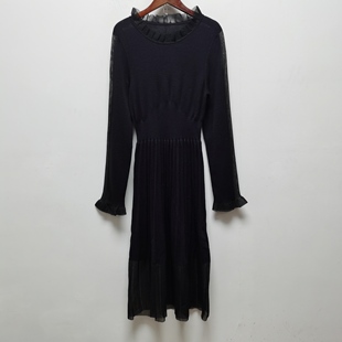 去标春秋含绵羊毛针织长款 连衣裙女士收腰打底百褶蕾丝拼接O324