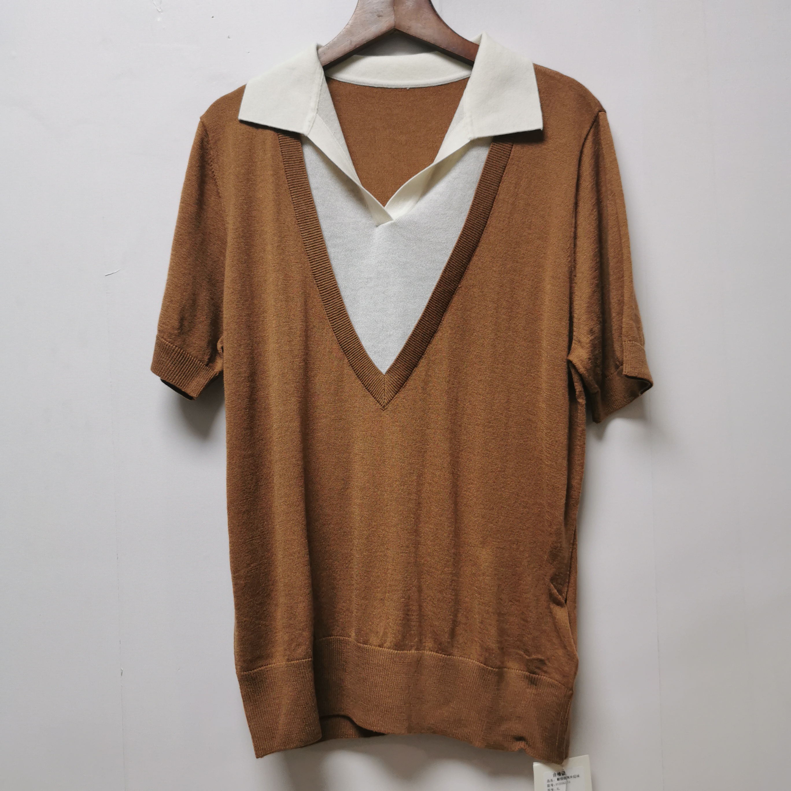 撤柜女装2025夏季新款时尚百搭翻领假两件针织衫女短袖H092