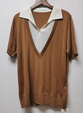 撤柜女装2025夏季新款时尚百搭翻领假两件针织衫女短袖H092