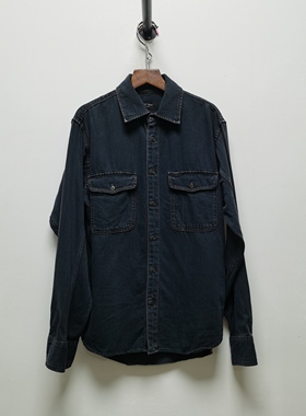 R去标春季复古简约宽松慵懒bf风口袋翻领长袖牛仔衬衫女上衣0004