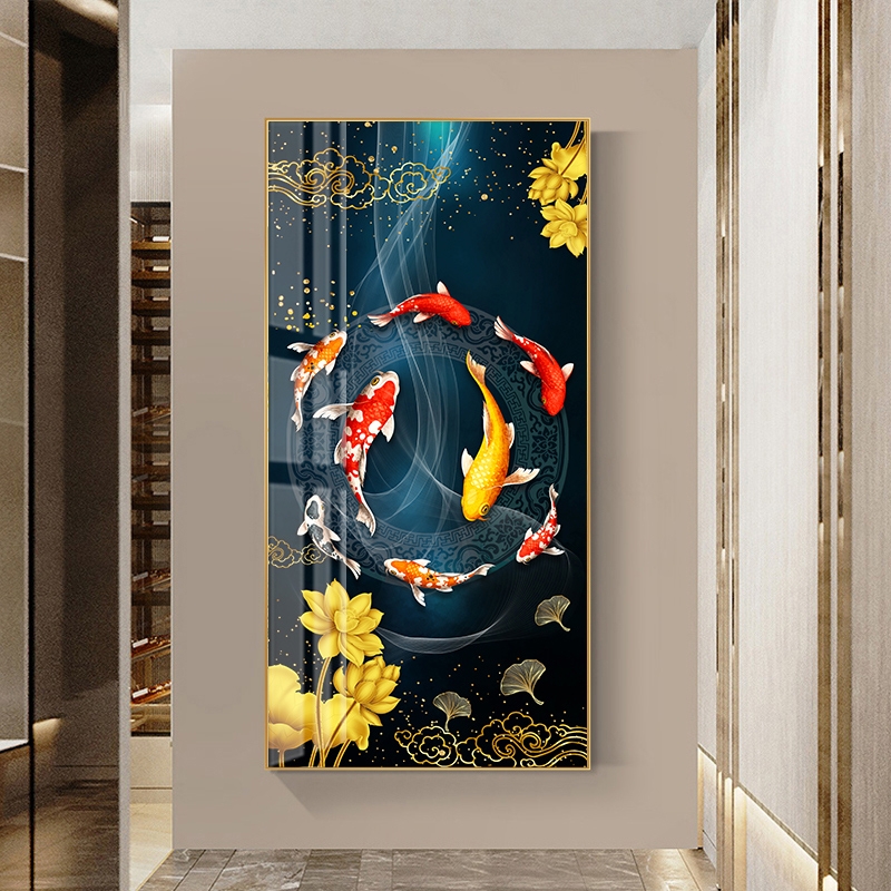 九鱼图玄关装饰画寓意好走廊尽头挂画轻奢过道壁画客厅晶瓷画竖版