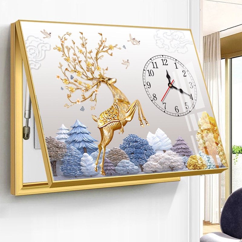 电表箱装饰画带钟表免打孔遮挡箱时钟配电箱挂画现代简约餐厅麋鹿图片