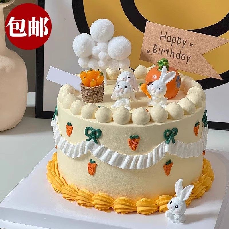 中秋节兔子胡萝卜蛋糕装饰摆件迷你箩筐小白兔竹筐田园风烘焙插件