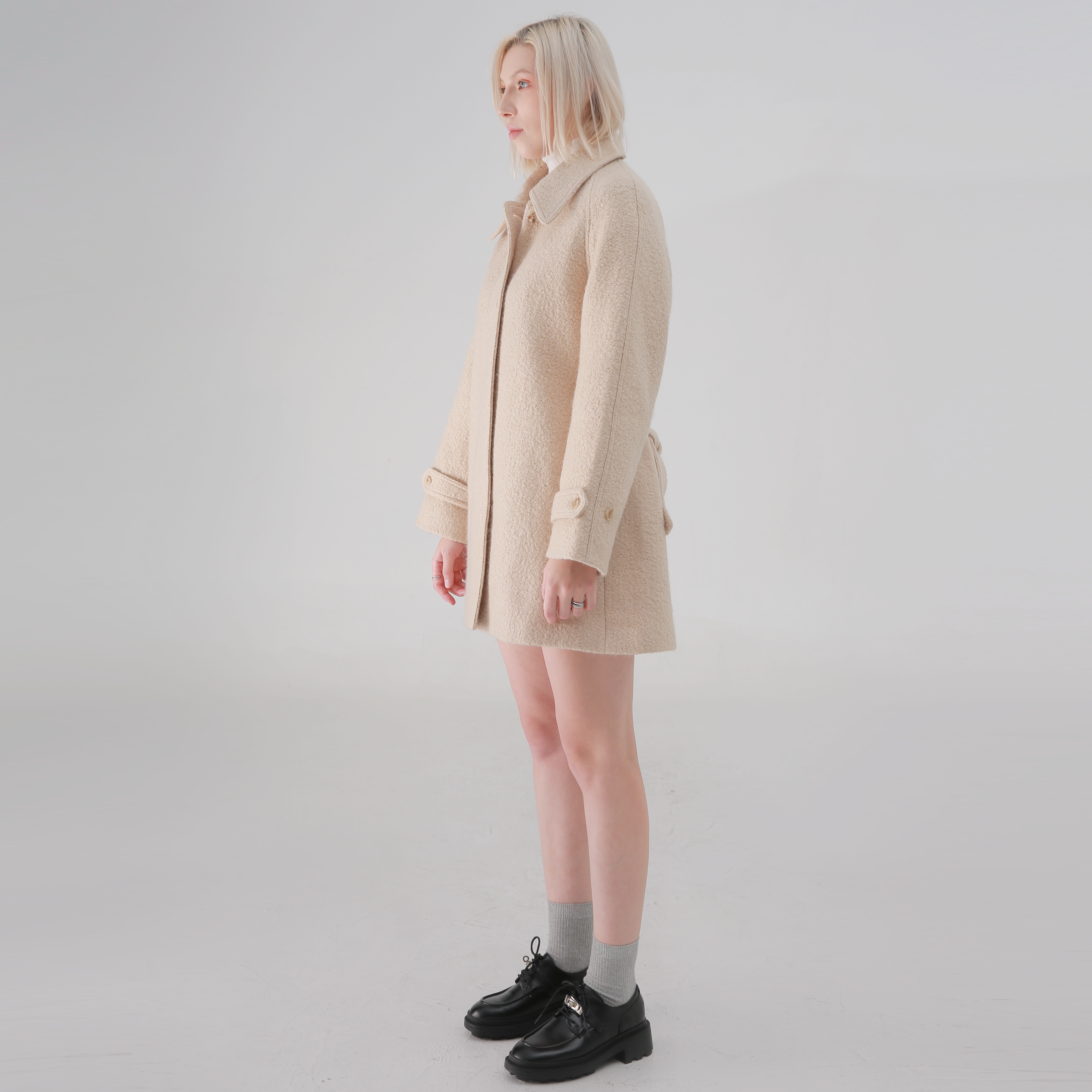 现货羊毛简约翻领落肩袖中长大衣