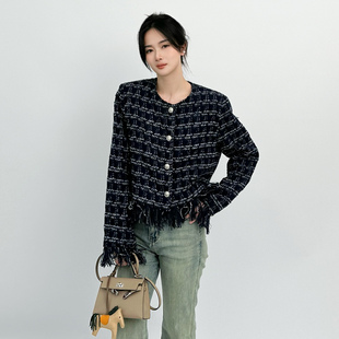 ease the label【小香风流苏外套】深色粗花呢气质百搭长袖千金感