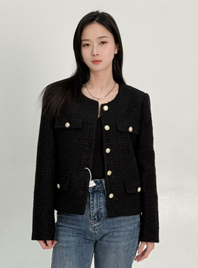 ease the label【黑色粗花呢外套】圆领正肩精致简约气质小香风