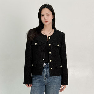 ease the label【黑色粗花呢外套】圆领正肩精致简约气质小香风