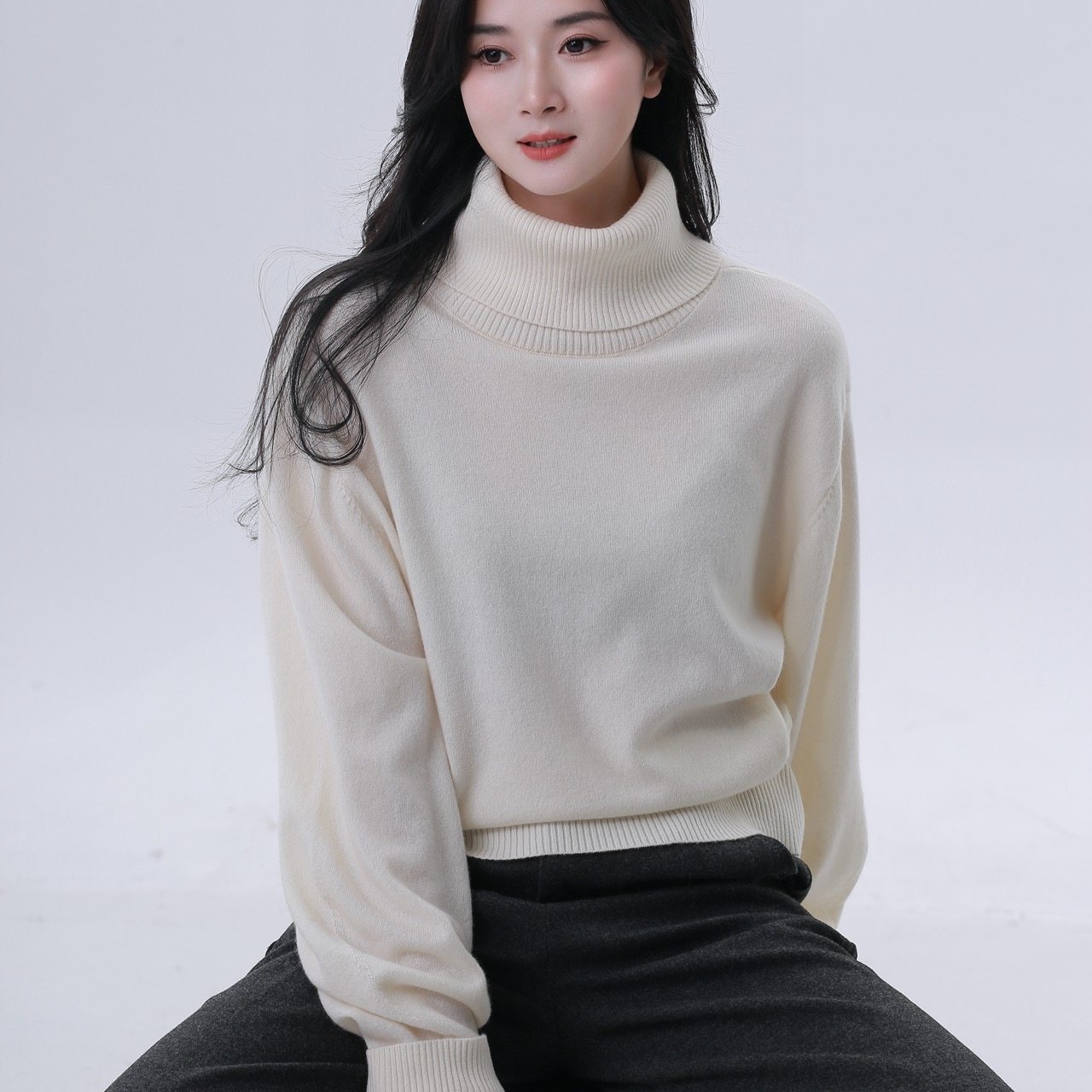 现货短款高领100羊毛宽松毛衣
