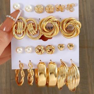 Gold Color Pearl Hoop Earrings Set Metal Dangle Earrings Vin