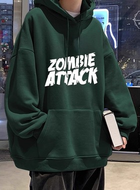 美式墨绿色纯棉重磅连帽卫衣男2025秋冬加绒加厚潮牌宽松学生外套