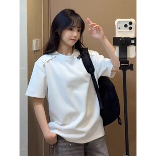 美式 T恤宽松拼接圆领白色高级感潮牌高街痞帅boxy拼接T恤 重磅短袖