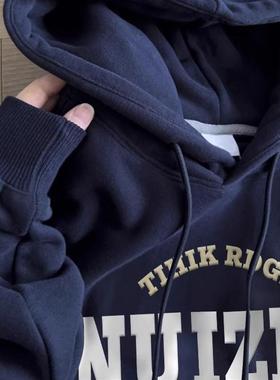 100%纯棉美式连帽卫衣男新款春秋季重磅潮牌宽松男款黑色外套情侣