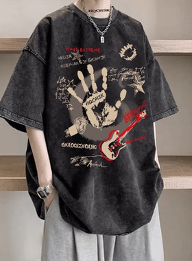 圆领水洗做旧黑色短袖纯棉T恤男女夏季新款宽松潮牌休闲百搭上衣