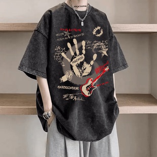 宽松潮牌休闲百搭上衣 新款 圆领水洗做旧黑色短袖 纯棉T恤男女夏季