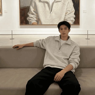 美式休闲白灰色半拉链加绒立领卫衣男款宽松百搭翻领套头衫秋冬季