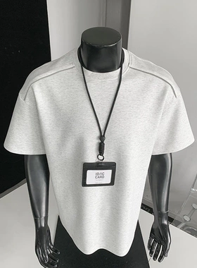 拉链设计感短袖T恤男款夏季白色宽松圆领半袖青少年美式重磅体恤