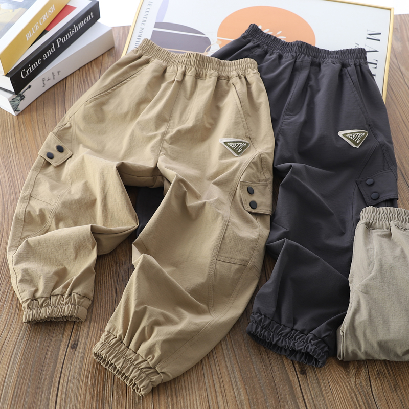 男童工装裤子春秋季新款儿童装中大童男孩宽松口袋拼接束口长裤潮