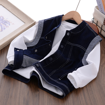 男童牛仔马甲新款儿童春秋款童装中大童男孩拼色袖笼上衣马夹