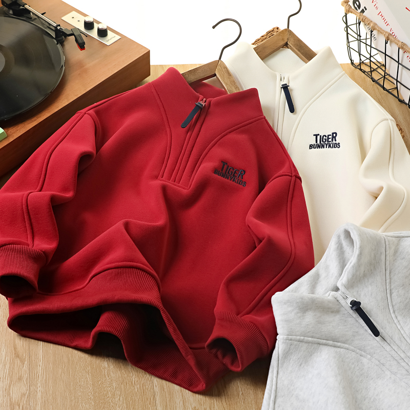 男童立领加绒卫衣冬季新款中大童奥粒绒加厚儿童休闲刺绣长袖