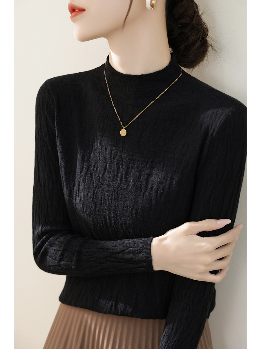 韩版时尚肌理感纯色打底针织衫女早秋薄款半高领气质百搭长袖内搭