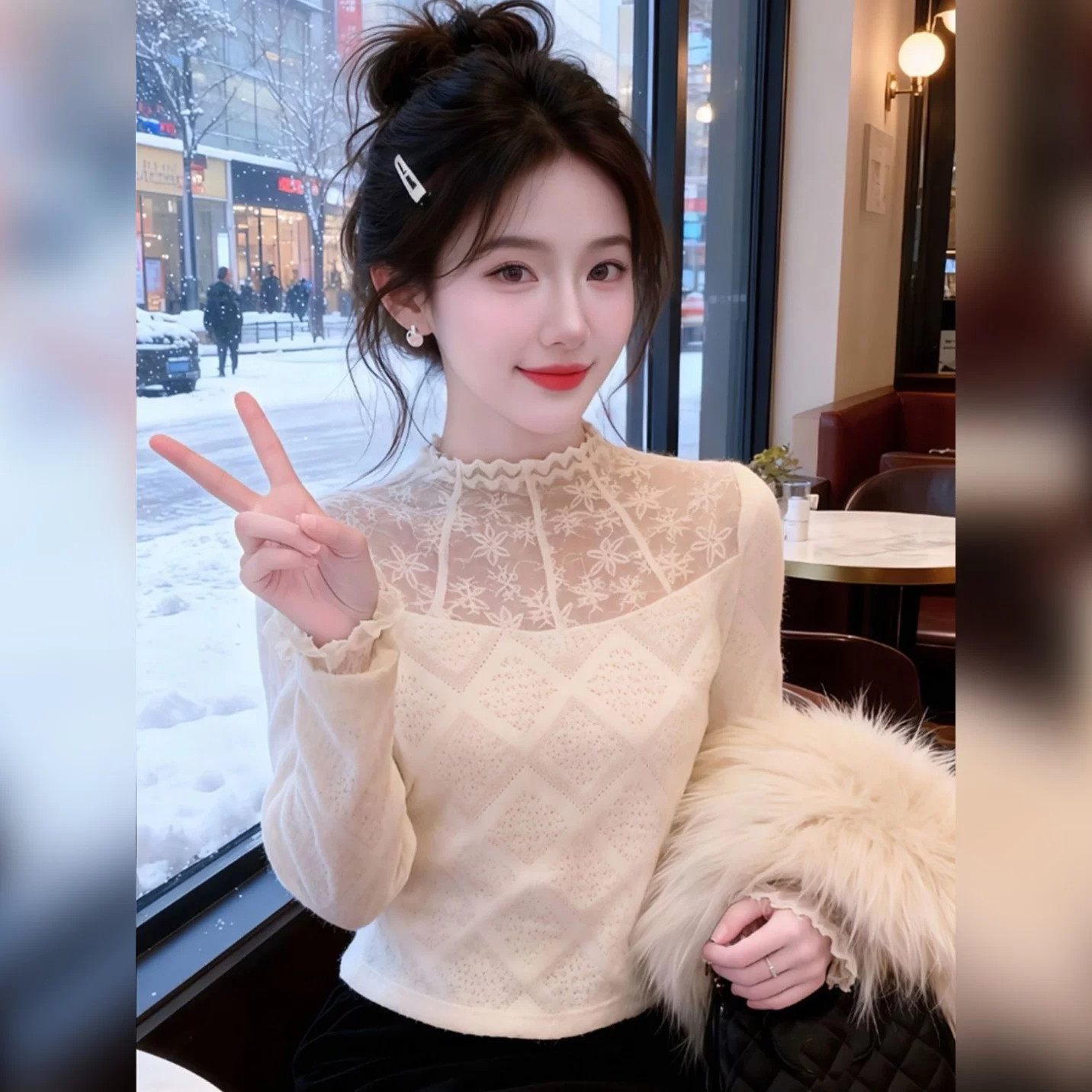 绝美名媛感白色蕾丝打底衫女镂空针织T恤内搭优雅气质网纱上衣