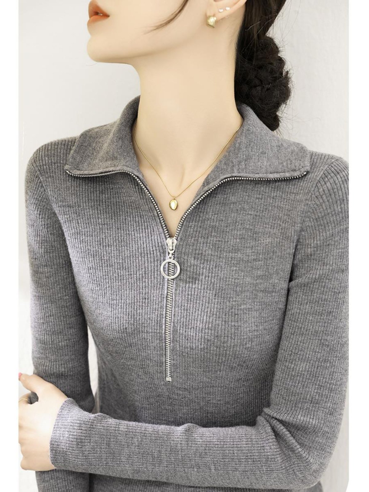 春季新款灰色翻领半拉炼设计长袖针织衫女装修身气质洋派高领毛衣,女装/女士精品,大码内搭,淘宝优惠券,粉丝福利购,淘宝优惠卷