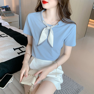 洋气系带纯棉上衣修身 韩版 新款 时髦减龄蝴蝶结T恤女短袖 体恤 夏装