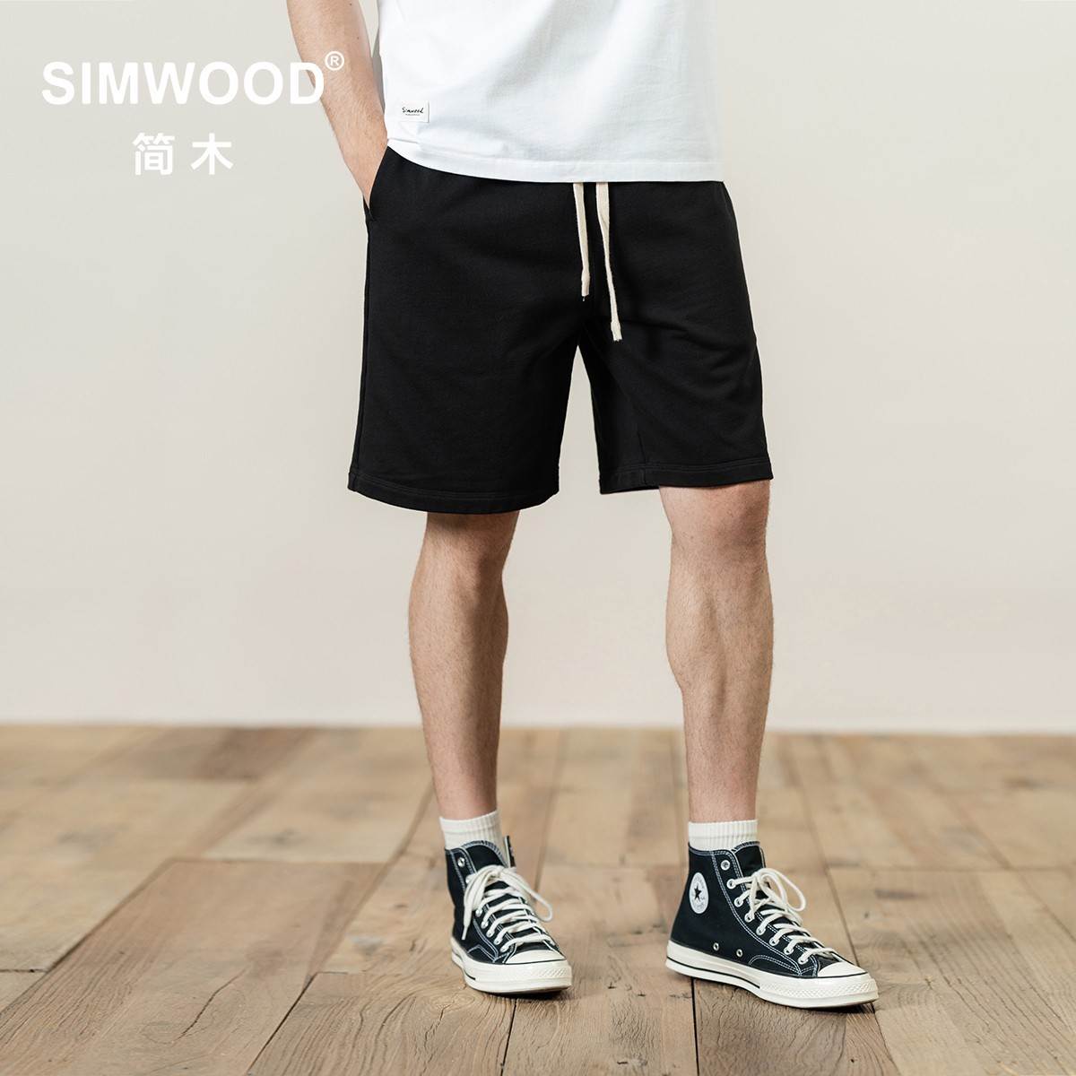 SIMWOOD/简木休闲抽绳重磅420g五分卫裤短裤SL130292