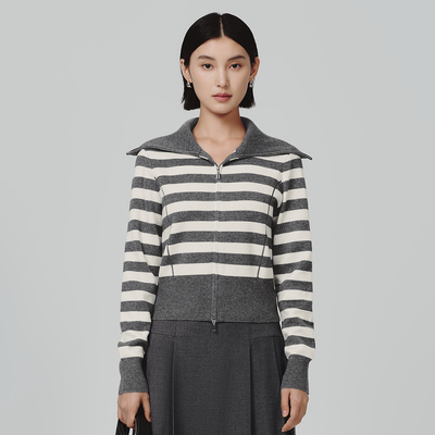 Dekashell/迪卡轩2025冬季新款翻领拉链针织衫女慵懒风羊毛上衣