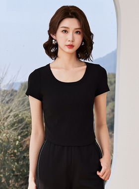Dekashell/迪卡轩2025年夏季新款圆领黑色短袖T恤女显瘦打底上衣