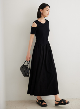 Dekashell/迪卡轩2025夏季新款针织拼接假两件黑色中长款连衣裙女