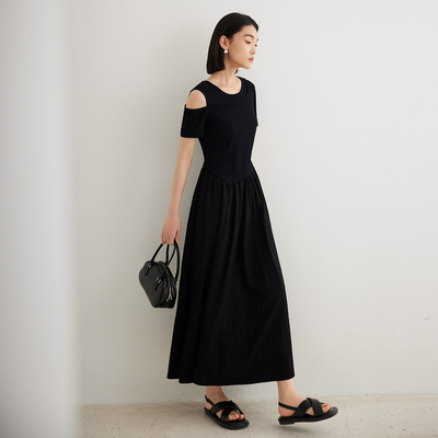 Dekashell/迪卡轩2025夏季新款针织拼接假两件黑色中长款连衣裙女