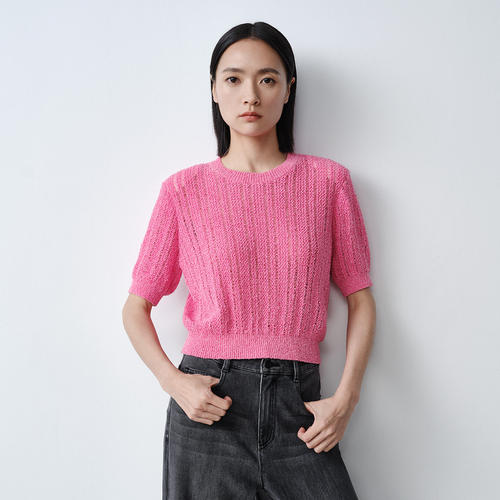 Dekashell/迪卡轩2025秋季新款粉色宽松圆领短袖女士针织衫上衣
