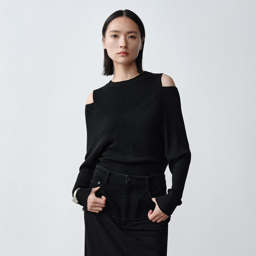 Dekashell/迪卡轩2025秋季新款长袖露肩个性黑色女针织衫上衣
