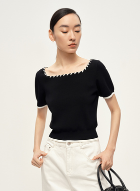 Dekashell/迪卡轩2025夏季新款针织衫大方领设计黑色气质显瘦T恤