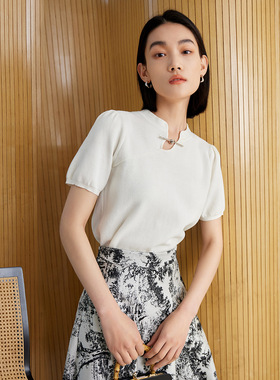 Dekashell/迪卡轩2025夏季新款新中式时尚小立领短袖针织衫t恤女
