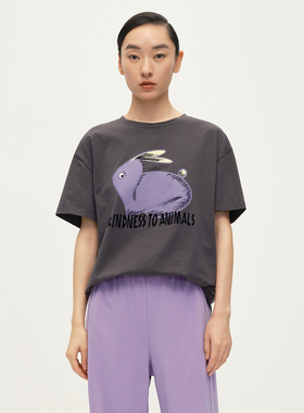 Dekashell/迪卡轩2025夏季新款休闲卡通图案印花圆领短袖女士T恤