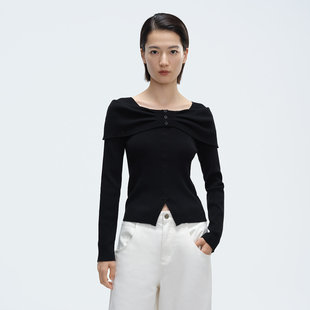 Dekashell/迪卡轩2026春季新款轻熟优雅风一字肩针织衫女长袖上衣