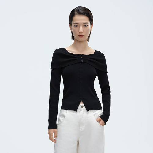 Dekashell/迪卡轩2026春季新款轻熟优雅风一字肩针织衫女长袖上衣