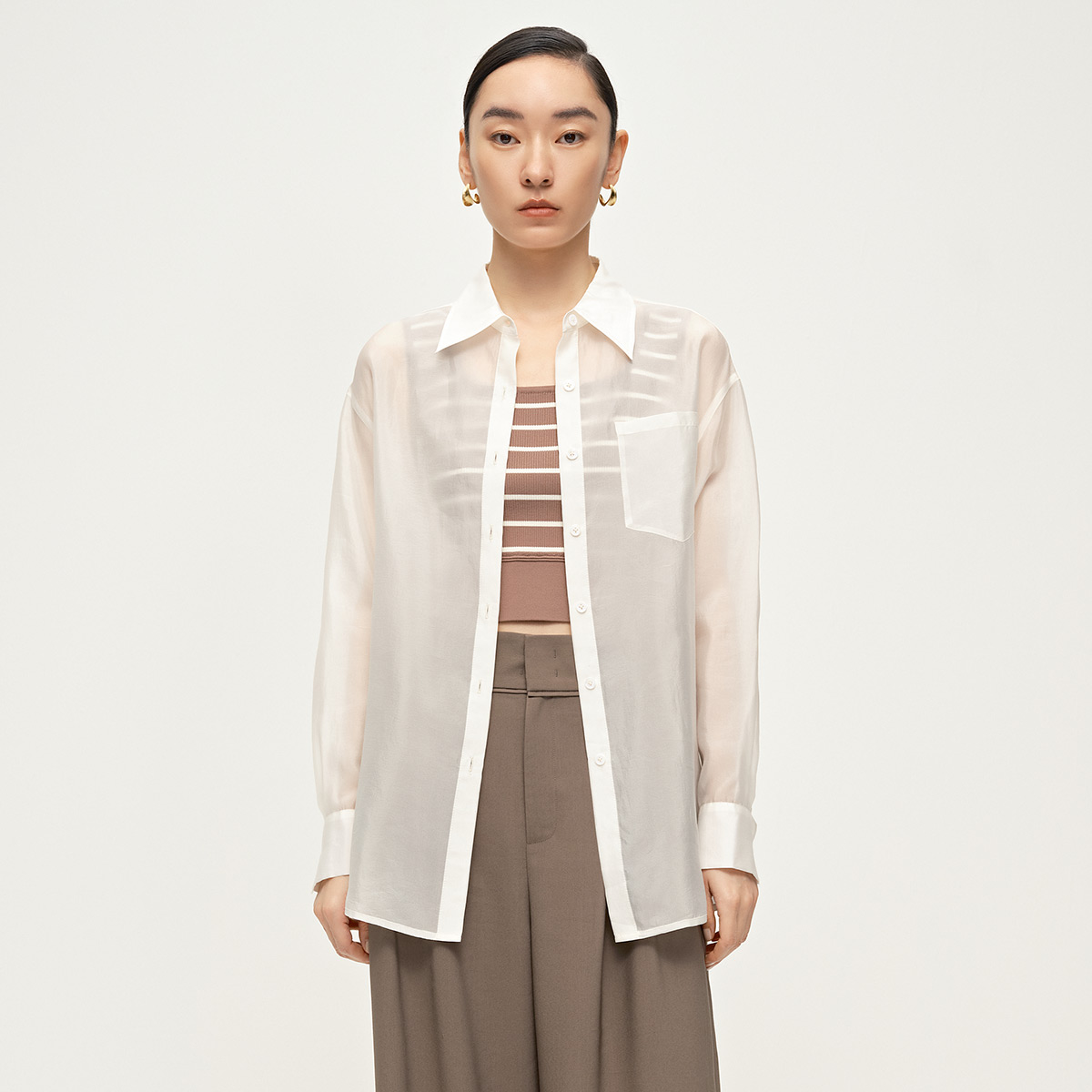 Dekashell/迪卡轩2025夏季新款白色简约长袖衬衫女小个子衬衣