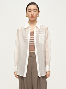 Dekashell/迪卡轩2025夏季新款白色简约长袖衬衫女小个子衬衣