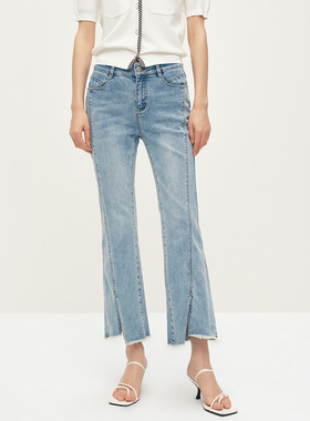 Dekashell/迪卡轩2025年夏季新款气质微喇下摆开叉牛仔裤女士长裤