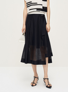 Dekashell/迪卡轩2025夏季新款高腰显瘦半身裙不对称开叉伞裙