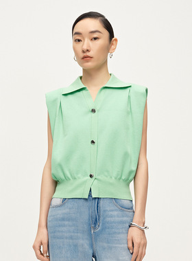 Dekashell/迪卡轩2025年夏季新款高级感无袖翻领薄款针织衫女上衣